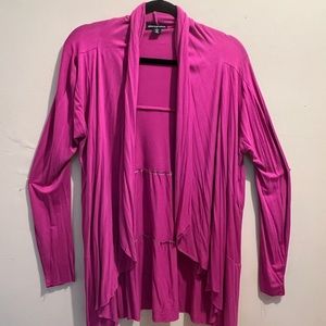 Fuchsia cardigan, tiered effect, shawl-collar, LS, lightweight